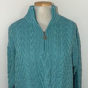 Aran Crafts Ireland blue 100% merino wool 1/4 zip sweater XL cable knit